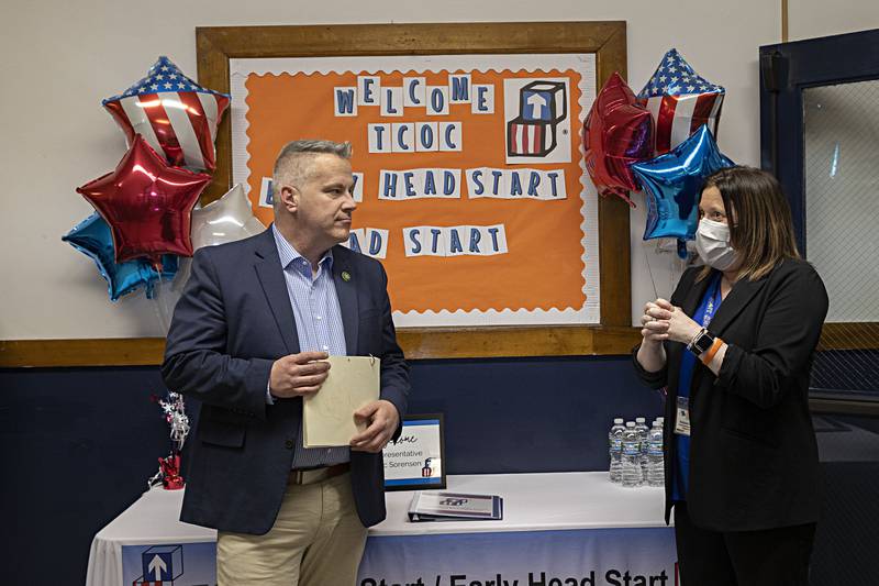 Congressman Eric Sorensen and Tri-Counties Opportunity Council Early Head Start Director Racheal Despain speak at the end of a tour of Wallace School on Wednesday, March 27, 2024, in Sterling.