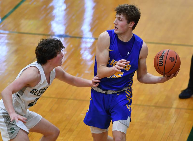 Lyons Township's Niklas Polonowski starts to pass while defended by Glenbard West's Bennett Schwanke (left) during a game on Dec. 10, 2022 at Glenbard West High School in Glen Ellyn.