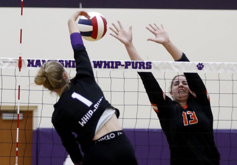 Hampshire's Elizabeth King (left) tries to hit the ball past the block attempt of Crystal Lake Central's Siena Smiejek during a Fox Valley Conference volleyball match on Tuesday, Sept. 24, 2024, at Hampshire High School.