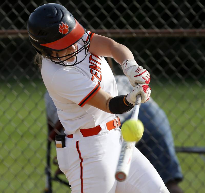 Crystal Lake Central’s Giada Motto tries to connect with ball during a nonconference softball game against Harvard Monday, May 15, 2023, at Crystal Lake Central High School.