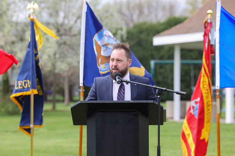 Steve Whitehead, director of development for the Woody Williams Foundation, speaks during the Gold Star Families Memorial Monument dedication ceremony at Marcotte Park in Bourbonnais on Saturday, April 26, 2025.