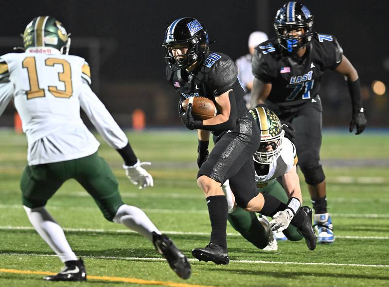 Lincoln-Way East's running back Brody Gish (20) rushs for a big gain during the IHSA Class 8A Quarterfinals game against Stevenson on Friday, Nov. 15, 2024, at Frankfort. (Dean Reid for Shaw Local News)