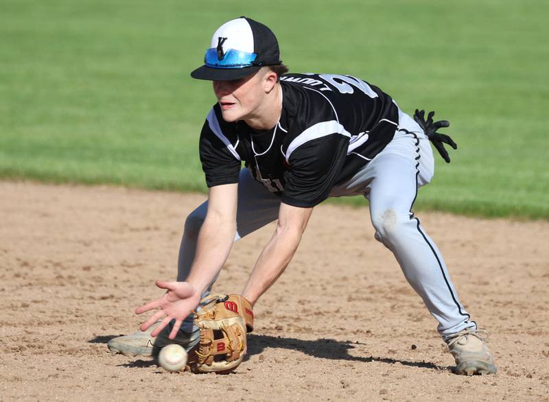 Kaneland's Colton Ludwig makes a play at second base Tuesday, April 28, 2026, during their game against Sycamore at the Sycamore Community Sports Complex.