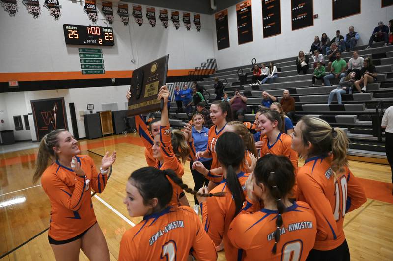 Genoa-Kingston celebrates their 2A sectional win over Rock Falls in two sets, 25-11, 25-23. The Cogs will play Quincy Notre Dame on Friday in Princeton.