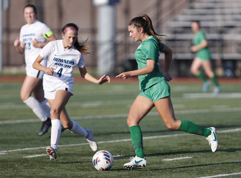 York's Sophia Musial (9) tracks down the ball during the Class 3A Morton regional girls soccer final between Downers Grove South and York in Berwyn on Friday, May 17, 2024.