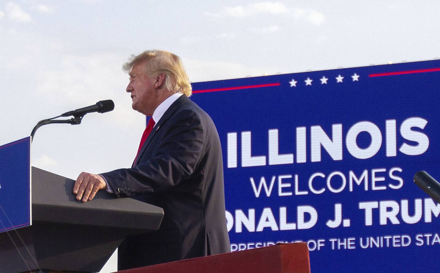 Former President Donald Trump speaks at a rally at the Adams County Fairgrounds in Mendon, Ill., Saturday, June 25, 2022. (Mike Sorensen/Quincy Herald-Whig via AP)