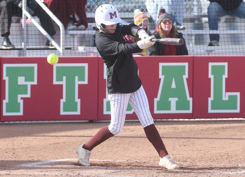 Morris's Cami Pfeifer strikes out swinging against L-P on Monday, April 7, 2025 at the L-P Athletic Complex in La Salle.