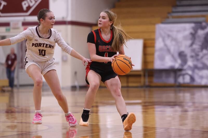 Bradley-Bourbonnais’ Nat Coday looks for a play against Lockport on Thursday, Jan 16, 2025 in Lockport.