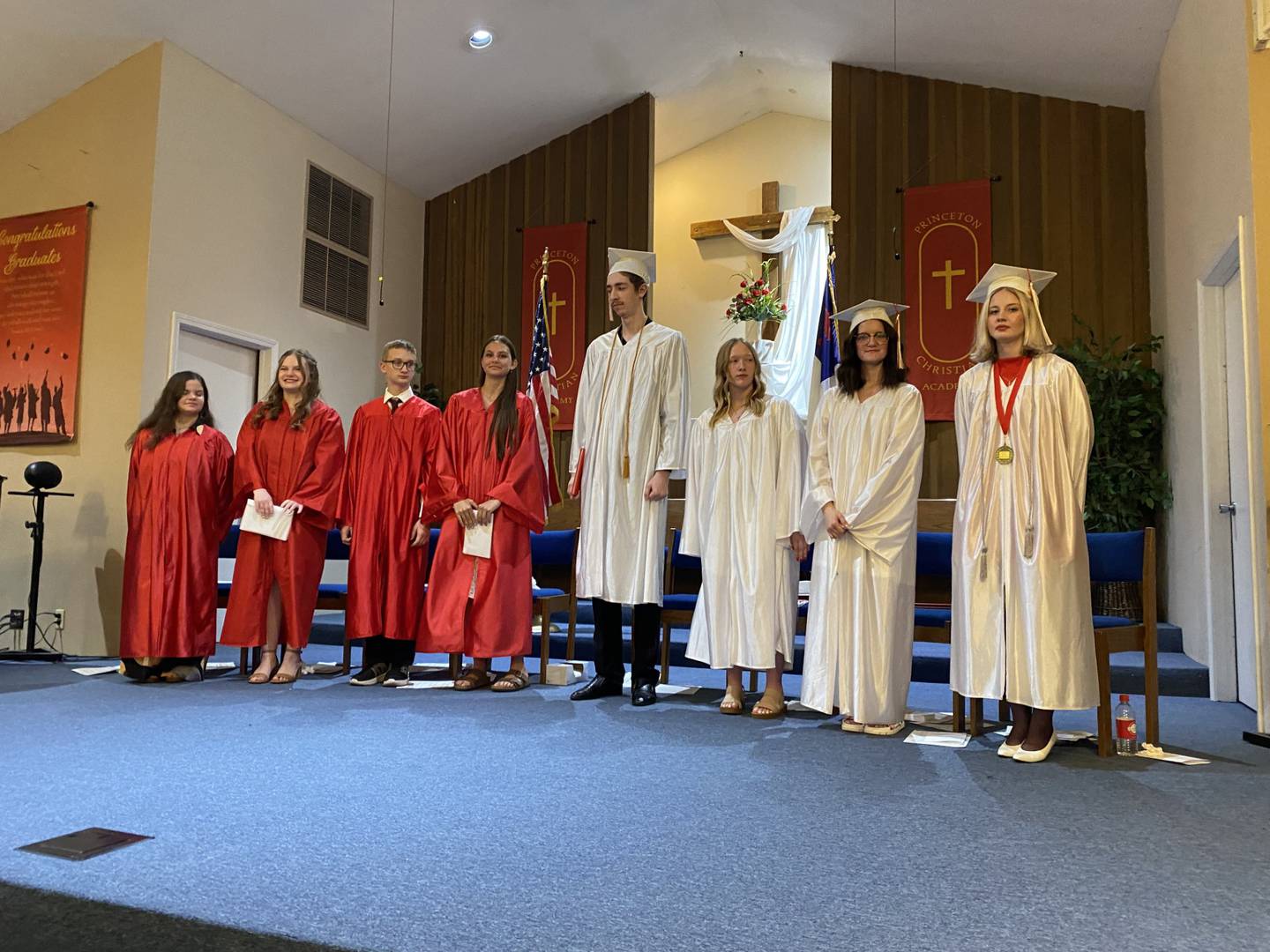 Princeton Christian Academy had four graduates each in the junior high and high school classes. The Class of 2025 are (from left) Junior high grads Bella Van den Berg, Myla McCoy, Nolan Lunger and Daniqua Du Preez and high school grads  Josiah Gale, Brylee Campbell, Ava Claussen and Brooke Clausen.