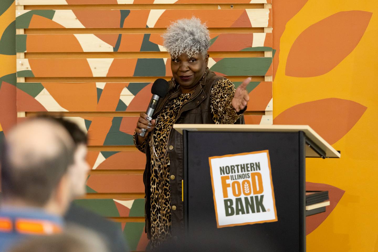 Debra Upshaw, President of the Joliet Chapter of the National Hook-Up of Black Women, Inc., shares remarks at the S.E.E.D. graduation at the Northern Illinois Food Bank South Suburban Center in Joliet on March 14, 2024.