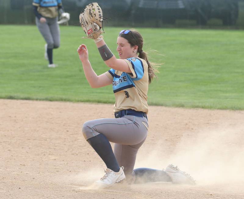 Marquette's Makayla Backos makes a catch against St. Bede on Monday, April 22, 2024 at St. Bede Academy.