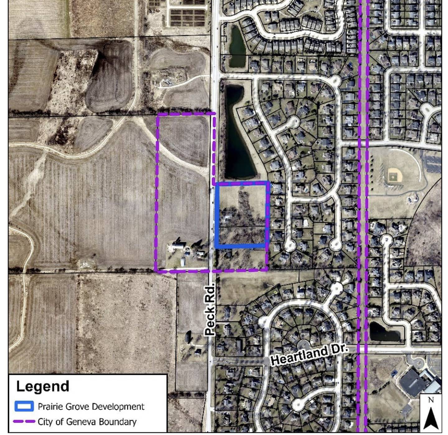 A map of where the proposed Prairie Grove townhouse development would be built in Geneva. The project is to be 18 single story ranch units with a mix of two and three bedrooms and six two-story units, each with three bedrooms.
