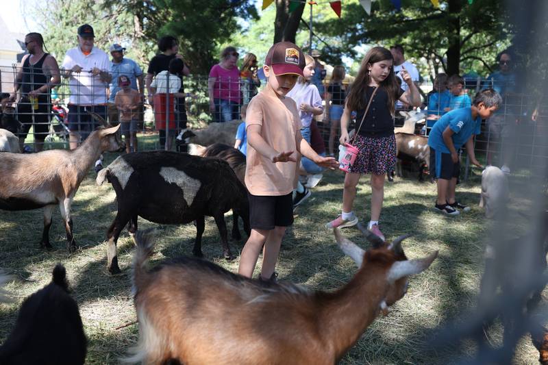Avett Aguilar carefully navigates the petting zoo at Plainfield Fest on Saturday June 29, 2024.