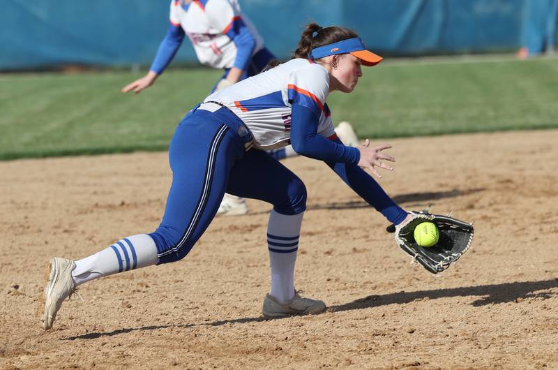 Genoa-Kingston's Olivia Vasak fields a ground ball during their game against Stillman Valley Tuesday, April 18, 2023, at Genoa-Kingston High School.