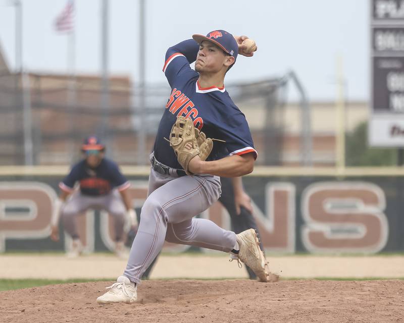 Oswego's Isaiah Logan (11) delivers a pitch during Class 4A Plainfield North Regional final baseball game between Oswego at Plainfield North. Saturday, May 31, 2025 in Plainfield.
