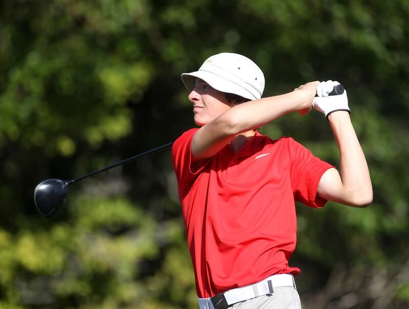 Ottawa's Drake Kaufman tees off during the Interstate Eight Conference meet at Bliss Creek Golf Course in Sugar Grove on Monday, Sept. 27, 2021.