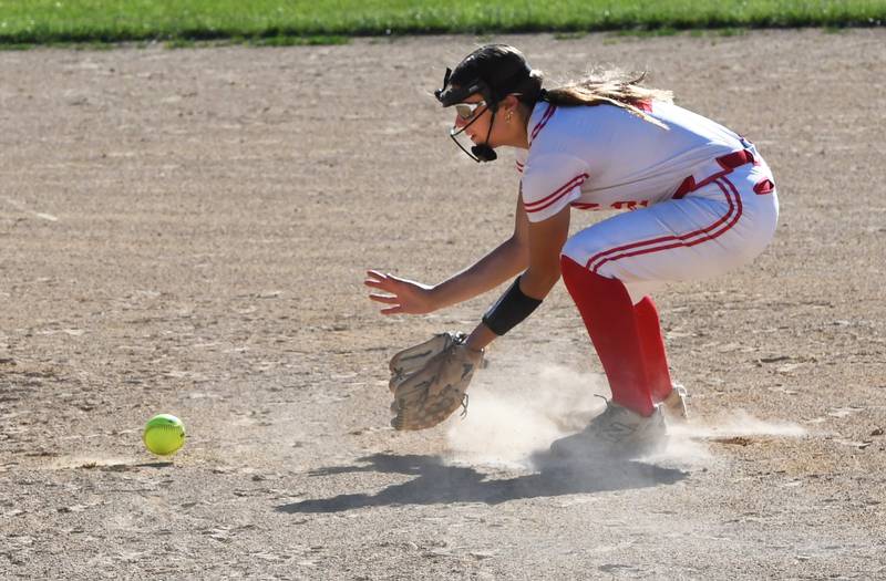 Oregon's Lola Schwarz fields a ground ball against Somonauk at the 2A Oregon Regional on Wednesday, May 20, 2026.