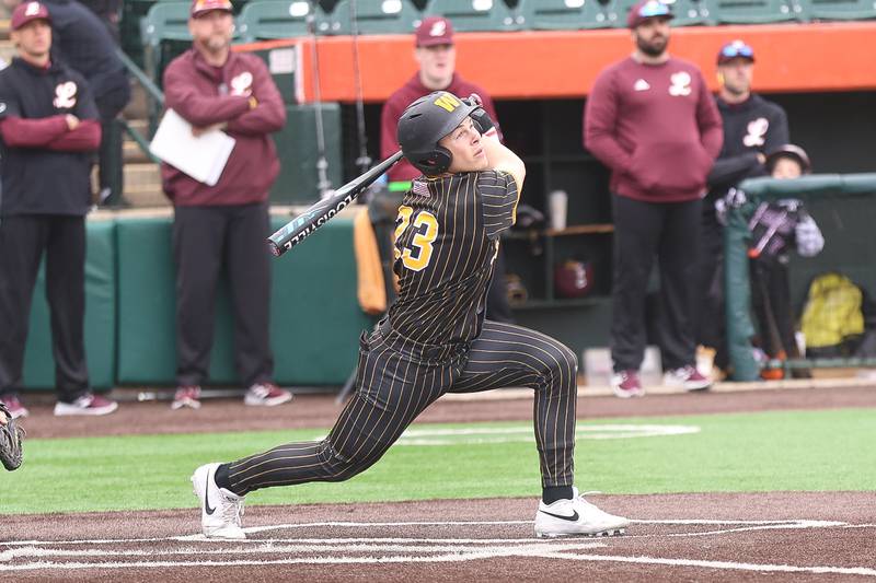 Joliet West’s Daniel Lukancic drives in the go-ahead run with a RBI single against Lockport in the WJOL Don Ladas Memorial baseball tournament championship game on Saturday, April 4, 2026 in Joliet.