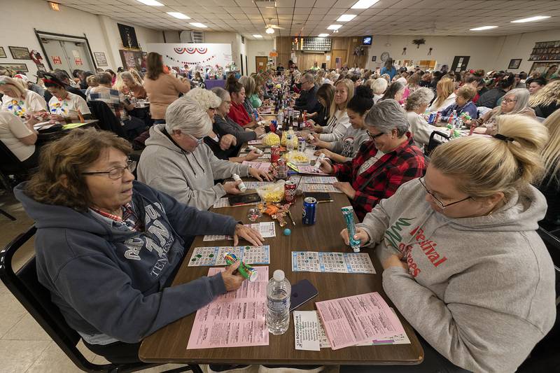 A sold-out crowd of 450 people crammed into the Rock Falls American Legion on Thursday, Nov. 21, 2024, for the Rock Falls Chamber of Commerce's annual holiday bingo event.