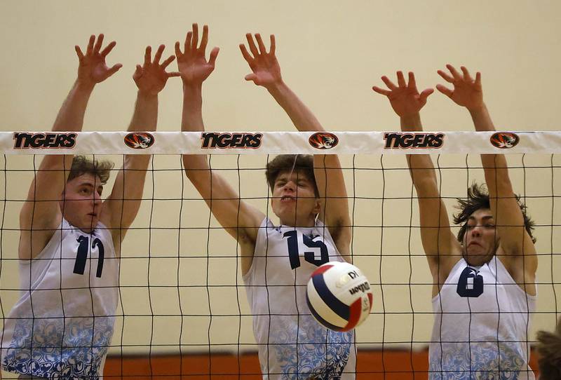 Lake ParkÕs Dylan Brinkley, (11) Mike Ogorzalek, (15) and Dylan Roszak (6) defend a Loyola shot during the 20th Annual Tiger Classic Saturday, April 13, 2024 at Wheaton Warrenville South High School.