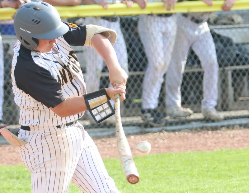 Putnam County's Traxton Mattingly smacks a triple against Mendota on Friday, May 8, 2026 at Putnam County High School.