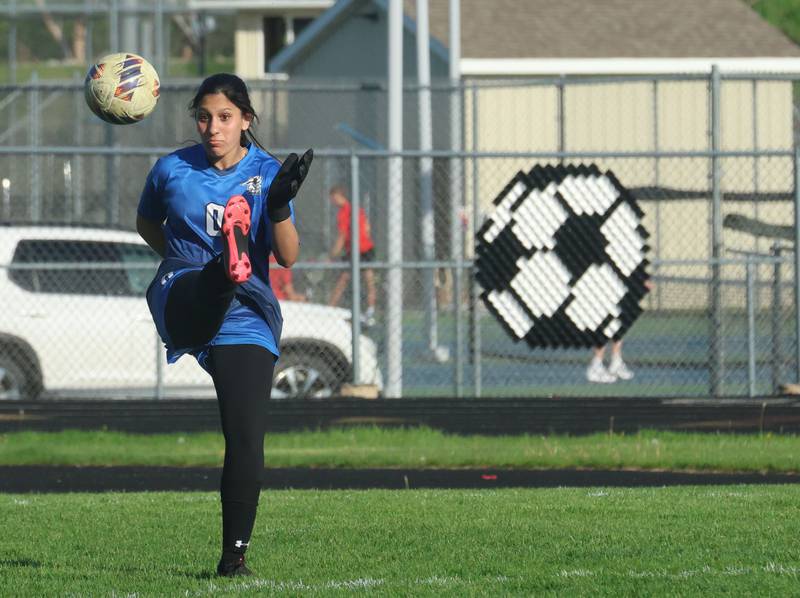 Kaneland keeper Liliana Guzman kicks the ball out of the box on Wednesday, April 22, 2026 on King Field at Ottawa High School.