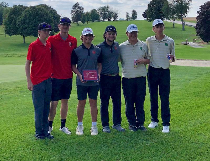 The La Salle-Peru boys golf team placed second at the Mendota Modified Ryder Cup on Saturday, Sept. 24, 2022. L-P's duo of Carter Fenza (right) and Coleman Rundle (second from right) won the event with a 74.