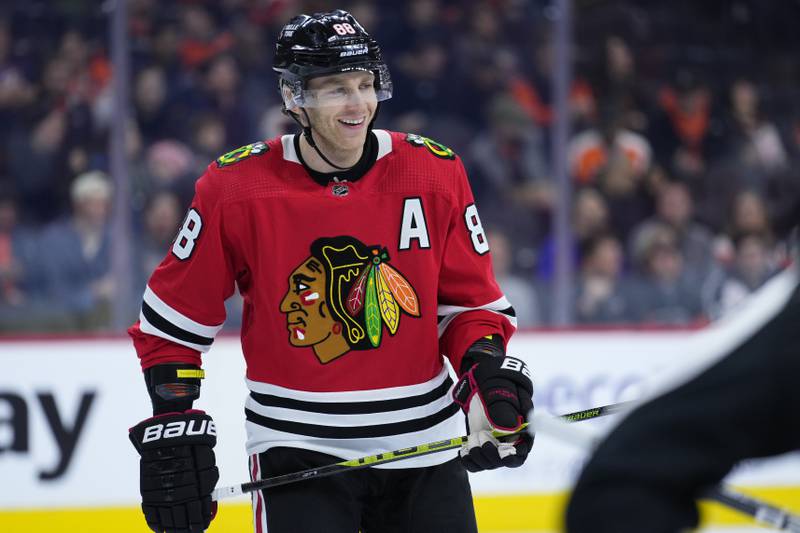 Patrick Kane smiles during an NHL game Jan. 19, 2023, in Philadelphia. The New York Rangers acquired Kane in a trade with the Blackhawks on Feb. 28. Kane joined the Rangers after waiving his no-movement clause to leave the only NHL organization he has known.