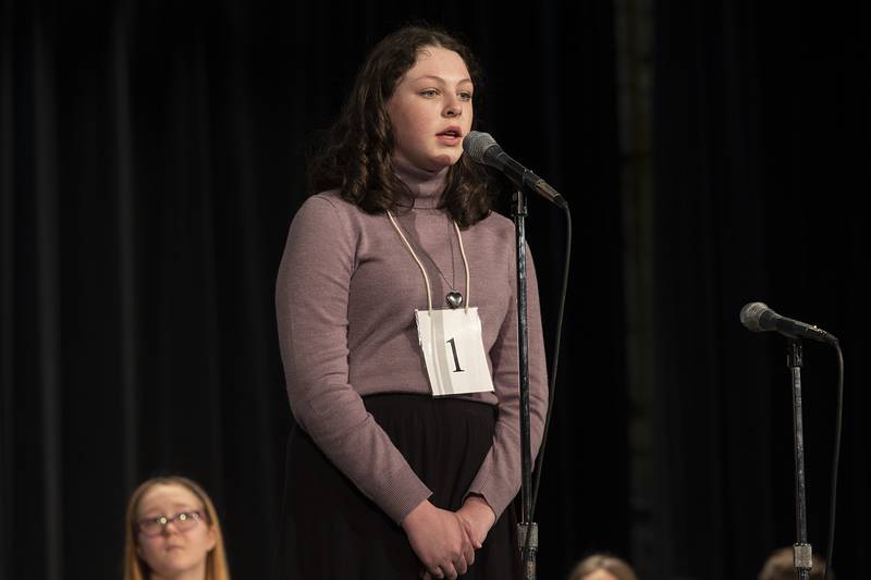 Byron Middle School 8th grader Hanna Roberts competes Thursday, Feb. 21, 2024 at the Lee-Ogle-Whiteside regional spelling bee. Roberts missed the word “charitable” in round three.