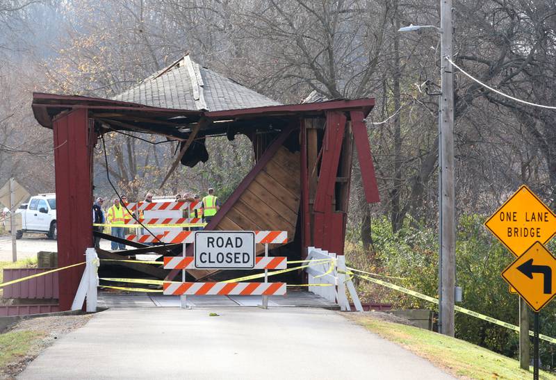 A view of the damage looking south at the Red Covered Bridge on Thursday, Nov. 16, 2023 in Princeton. Illinois Department of Transportation, Illinois State Police and Bureau County law enforcement surveyed the damage bridge after it was struck by a semi-truck.