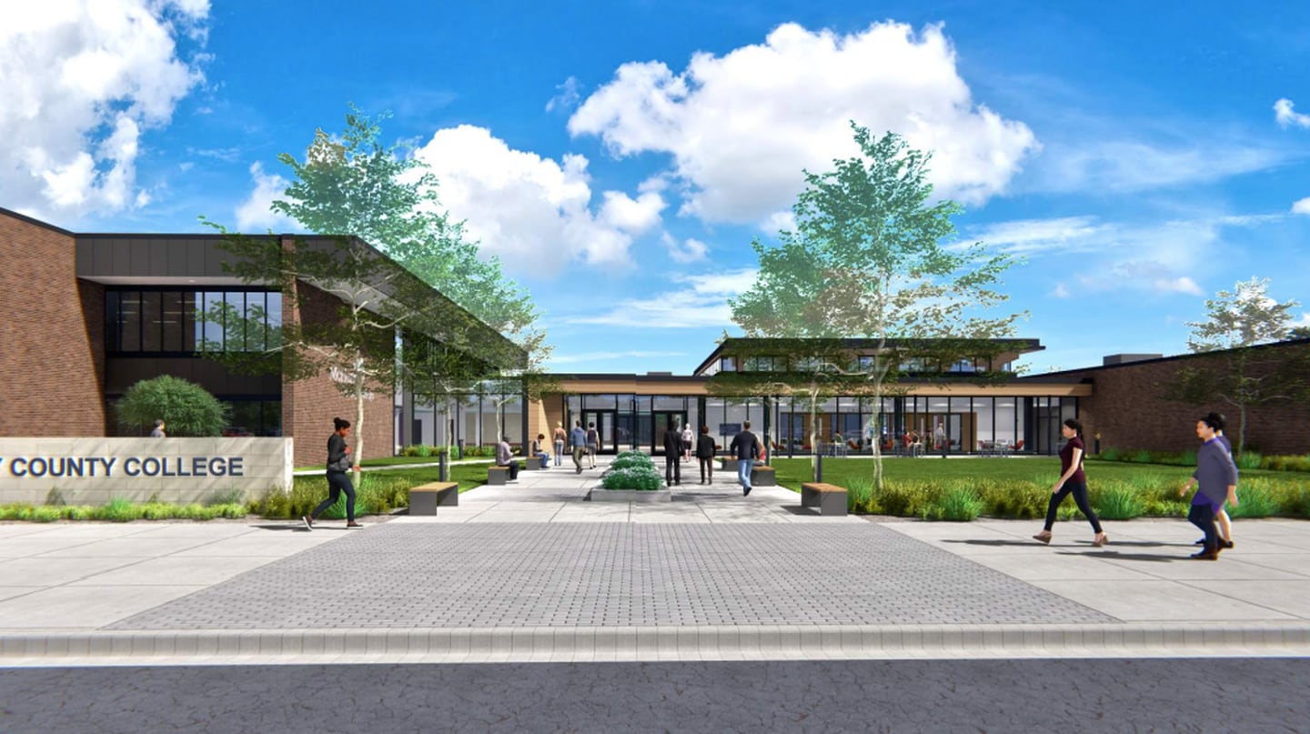 A rendering of MCC's new Engagement Hall with a renovated entryway next to the college's cafeteria.