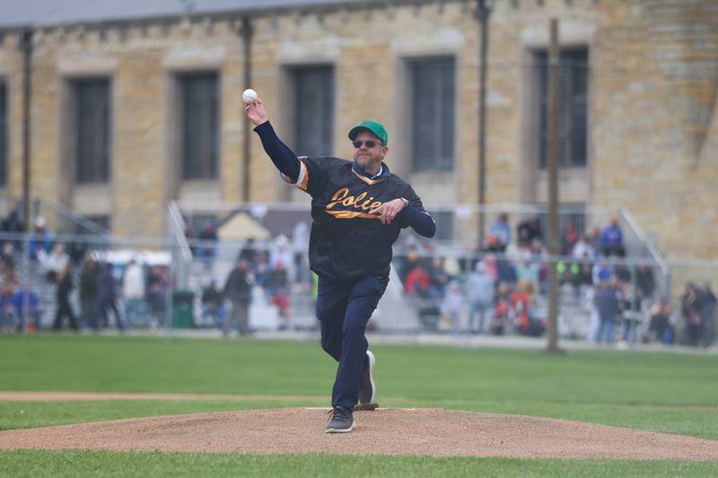 State Rep. Larry Walsh Jr., 86th District, throws out the first pitch before the Joliet Slammers preseason game at the Old Joliet Prison on Thursday, April 29, 2026 in Joliet.
