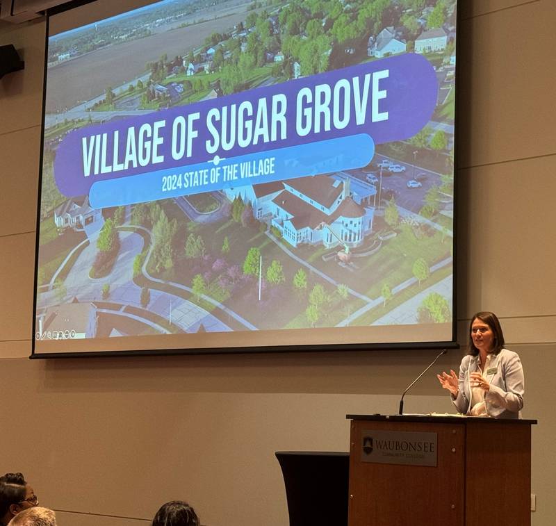 Village of Sugar Grove President Jen Konen delivers her 2024 State of the Village at Waubonsee Community College on March 20.