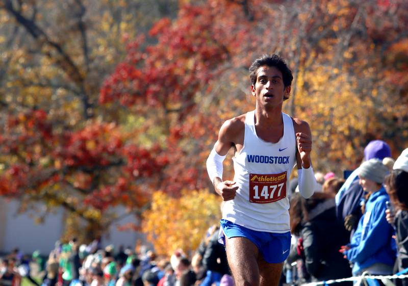 Woodstock’s Ishan Patel runs during a boys Class 2A Sectional Cross Country Meet at Emricson Park in Woodstock Saturday.