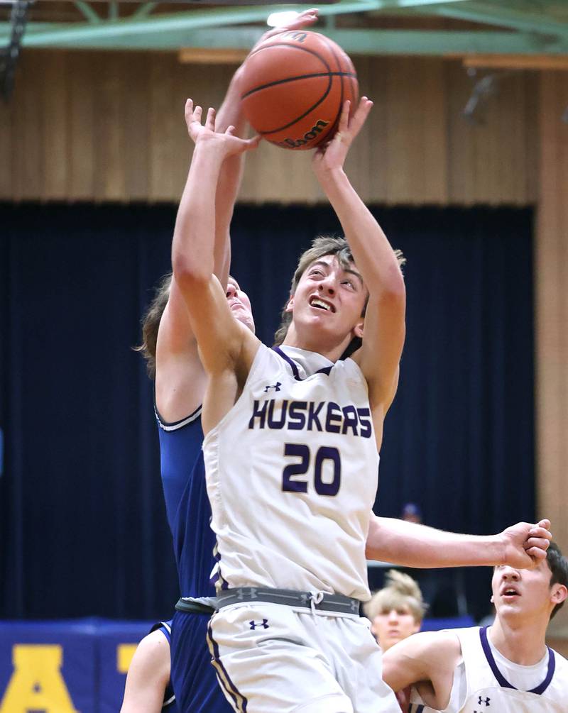 Serena's Bradley Armour gets up a shot in front of Hinckley-Big Rock's Martin Ledbetter Friday, Feb. 3, 2023, during the championship game of the Little 10 Conference Basketball Tournament at Somonauk High School.