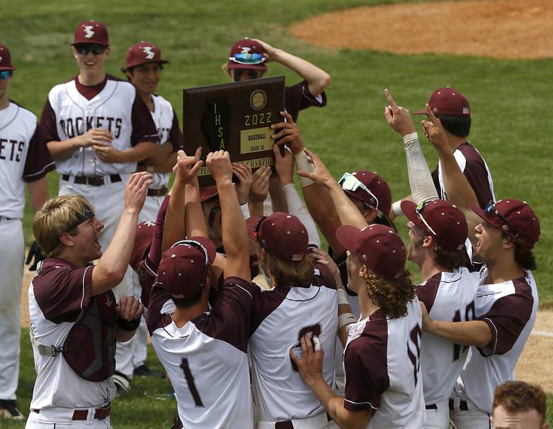 Richmond-Burton players celebrate their win during a IHSA Class 2A supersectional baseball game against Timothy Christian at the Rockford Rivets Stadium in Rockford.
