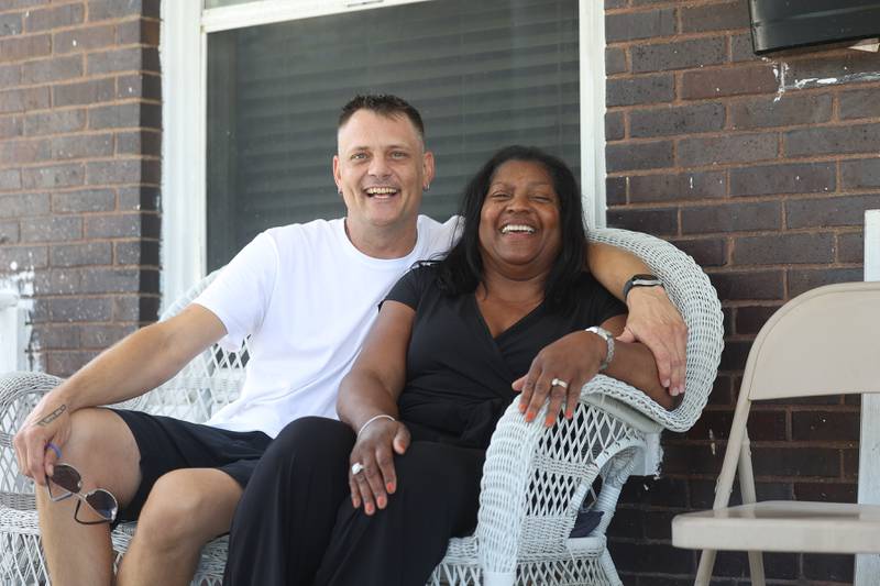 Matthew Celmer, who serve two tours in Iraq, sits with Catherine Beavers at the Joliet location for the Family and Friends Homeless Veterans Program on Wednesday, July 31, 2024 in Joliet.
