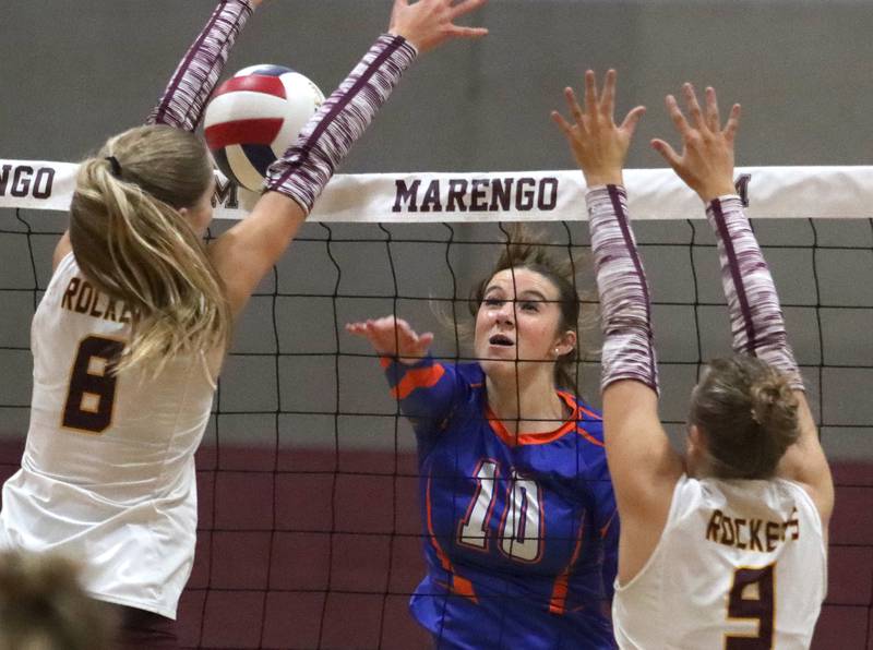 Genoa-Kingston’s Bria Botterman sends the ball over the net in IHSA Class 2A Regional Title Game volleyball action on Thursday, Oct. 31, 2024, at  Marengo High School  in Marengo.