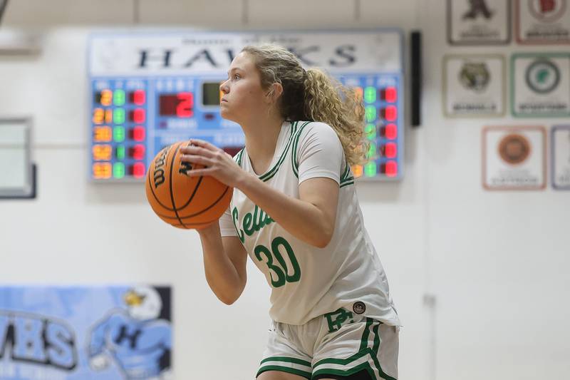 Providence’s Kennady Kotowski lines up a 3-point shot against Thornton Fractional North in the Class 3A Hillcrest Sectional semifinals Tuesday, Feb. 24, 2026, in Country Club Hills.