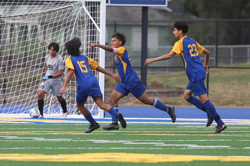 Joliet Central’s Ricardo Camacho points to the stands after his goal against Plainfield South on Tuesday, Sept. 5, 2023 in Joliet.