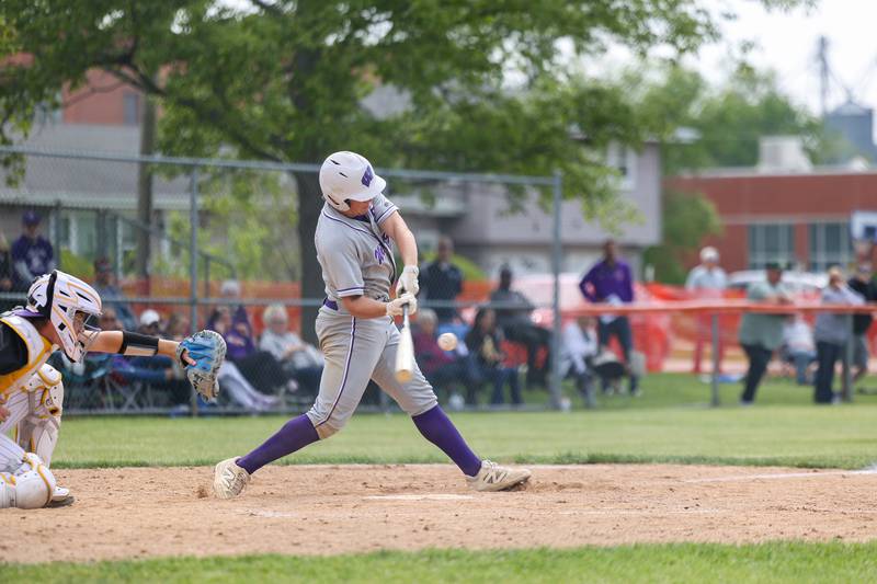 Wilmington's Kyle Farrell connects for a double during the Wildcats' 7-2 victory over Chicago Christian in the IHSA Class 2A Beecher Sectional semifinal on Thursday, May 29, 2025.