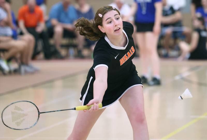 DeKalb’s Kaitlyn Davis lunges for a shot Friday, May 12, 2023, during their doubles match against Joliet Central at the IHSA State Badminton Finals at DeKalb High School.