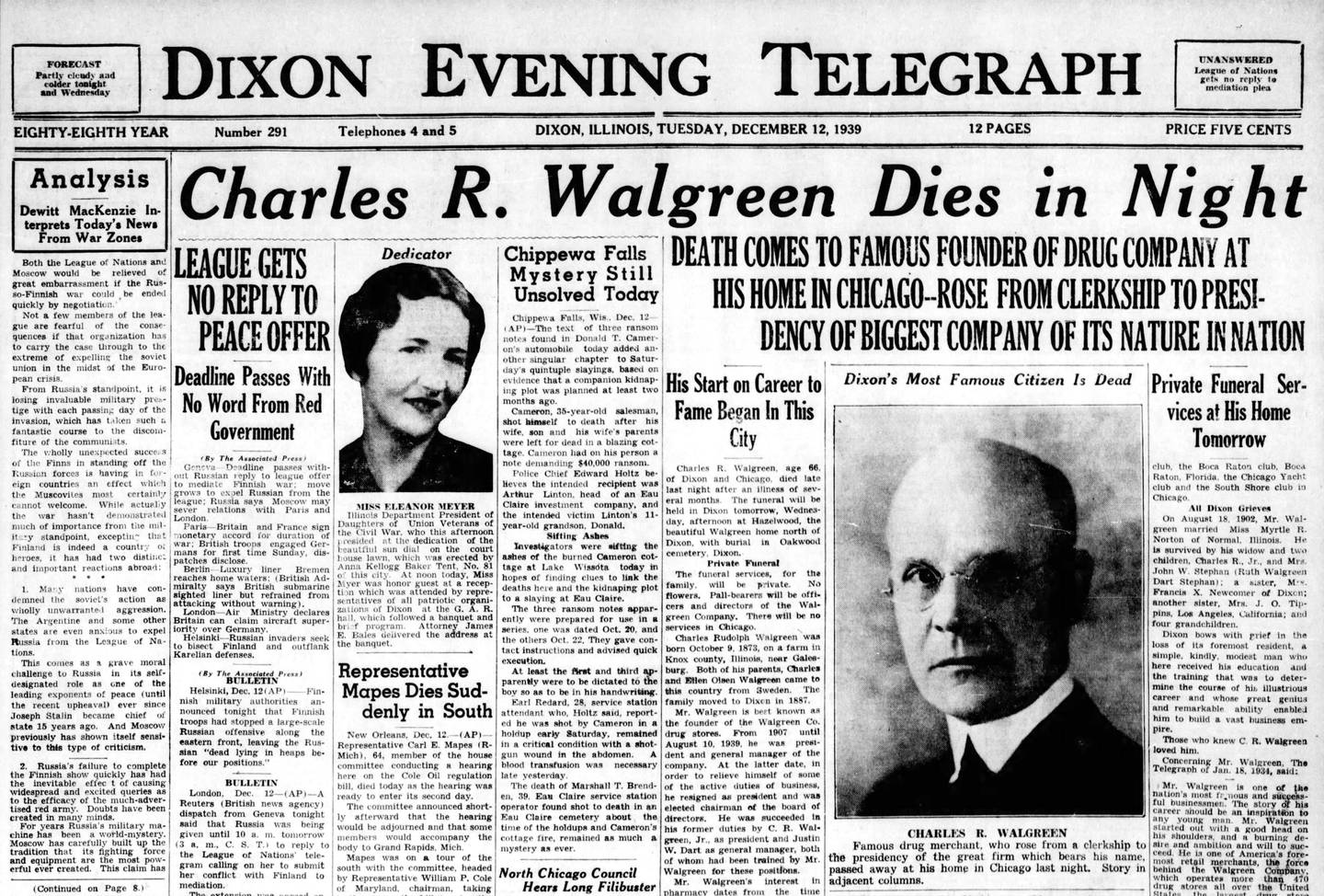 Charles Walgreen’s death in 1939 made headlines around the country.