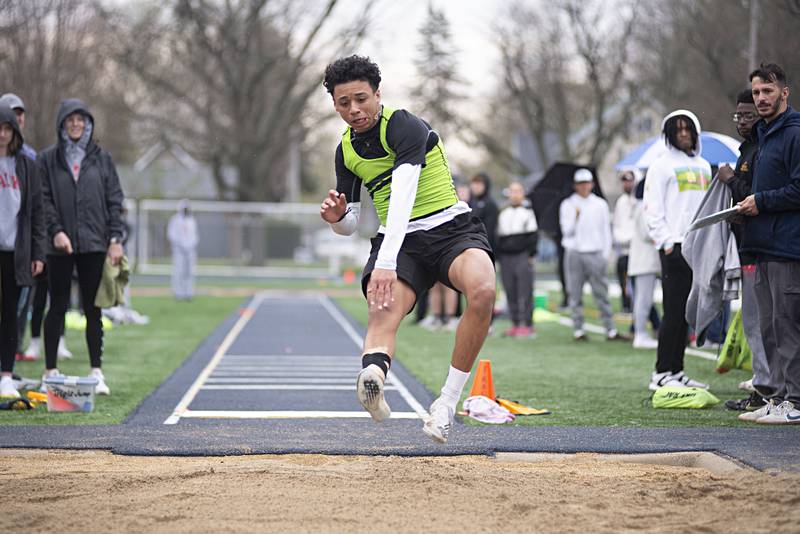 Rock Falls' Baraka Boards competes in the long jump Friday, April 29, 2022 at the Sterling Night Relays.