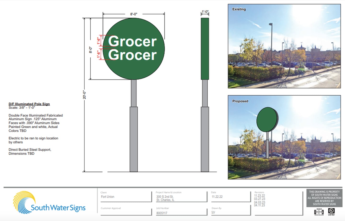 Rendering of proposed 20 ft. sign that could be constructed on the northwest corner of the former Blue Goose Market lot at 300 S. 2nd. St. in St. Charles.