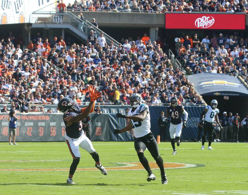 Chicago Bears defensive back Kevin Byard III awaits to intercept the ball over Carolina Panthers wide receiver Jonathan Mingo on Sunday, Oct. 6, 2024 at Soldier Field in Chicago.