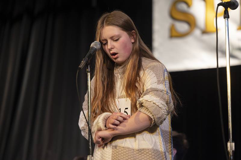 Shayla Hill of Forreston Jr. High competes Thursday, Feb. 19, 2026, during the Lee-Ogle-Whiteside County Regional Spelling Bee. Hill missed in round 3 on the word boogie-woogie.
