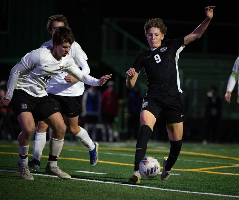 Manteno's Gio Zuniga controls the ball as Chicago Christian's Aaron Vis, left, defends during a sectional game on Tuesday, October 28, 2025.