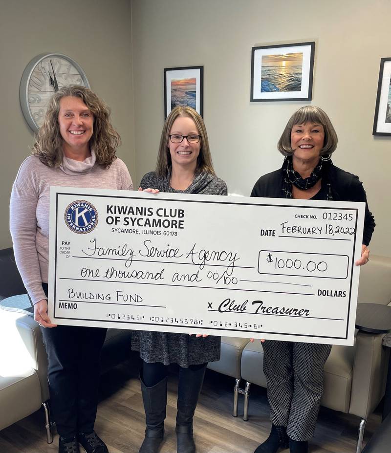 Pictured: Lisa DeWitt, Lieutenant Governor of Kiwanis District 14, Tynisha Clegg, Executive Director of FSA, and Beth Bollinger, President of Sycamore Kiwanis
