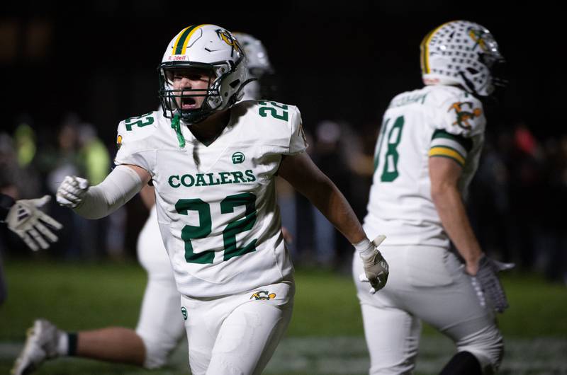 Coal City's Noah Houston reacts after a Wilmington turn over in the first quarter of a game on Friday, October 24, 2025.